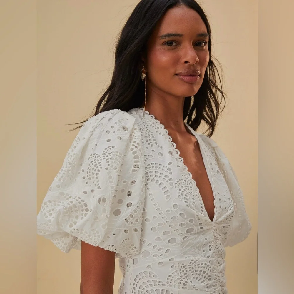 NEW FARM RIO White Cotton Eyelet Puff Sleeve Midi Dress Small - Picture 4 of 6